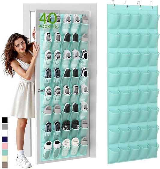 Unjumbly Over the Door Shoe Organizer with 40 Large Breathable Mesh Pockets, Space Saving Shoe Holder, Hanging Shoe Rack for Entryway Bedroom Closet Storage (Mint Blue, 40 Pockets)-NeatNest