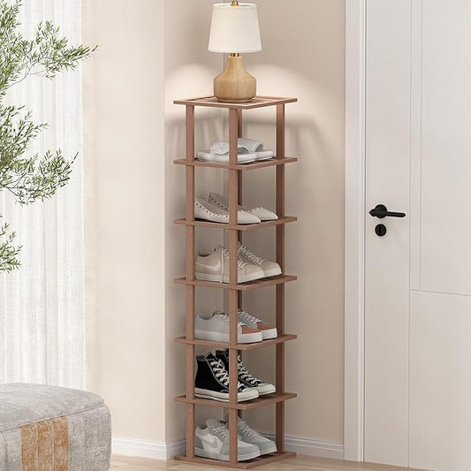Bamboo Shoe Rack for Front Door Entrance, Brown Vertical Shoe Rack - Tall Narrow Shoe Rack Organizer for Small Spaces, Wooden Shoe Shelf for Closet and Entryway, Space Saving 7 Tier Stackable-NeatNest