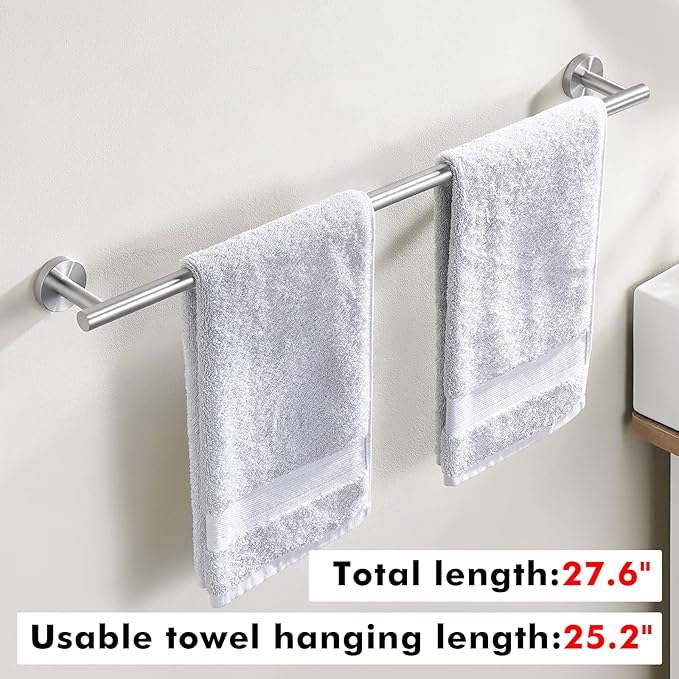 KES Bathroom Towel Bar 25.2 Inches Bath Towel Rack for Bathroom Towel Holder SUS304 Stainless Steel Brushed Finish, Total Length 27.6 Inch, A2000S70B-2