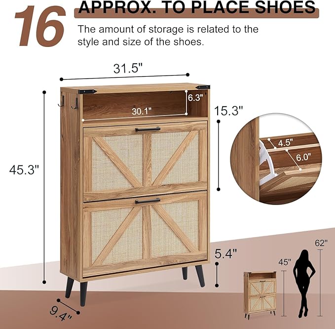 Shoe Storage Cabinet, Boho Rattan Shoe Organizer with 2 Flip Drawers,Farmhouse Freestanding Hidden Slim Narrow Shoe Rack Cabinet with Open Shelves for Entryway, Foyer,Hallway, Natural-NeatNest
