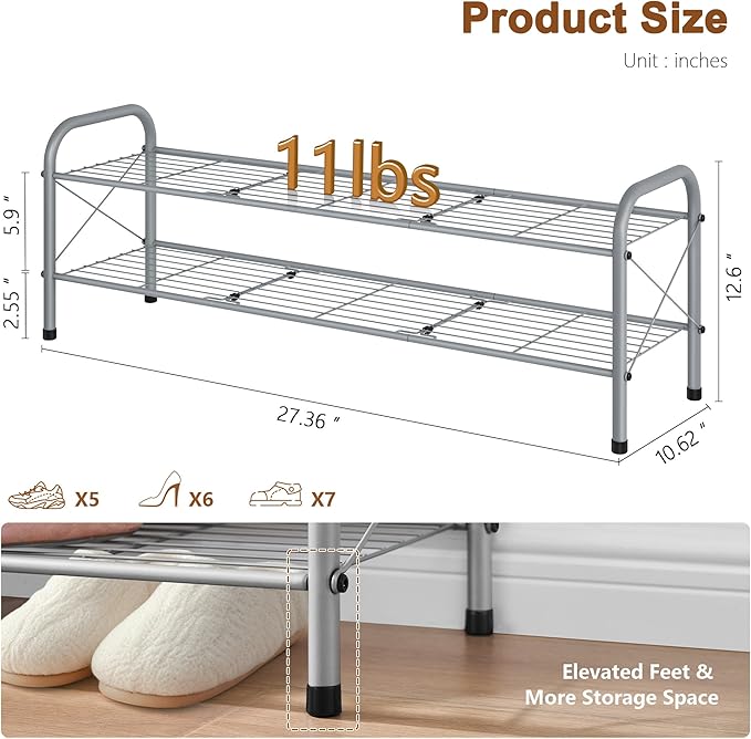 Hoctieon 2 Tier Shoe Rack for Closet, Durable Mesh Style Shoe Rack, Entryway Shoe Shelf, Shoe Storage Organizer for Hallway, Bedroom, Living Room, Wardrobe, Grey-NeatNest