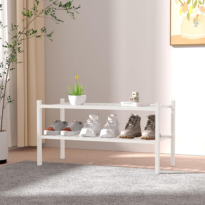 2 Tier Bamboo Shoe Rack for Closet Free Standing Wood Shoe Shelf for Entryway Small Space Stackable 27"x11"x13" (White)-NeatNest