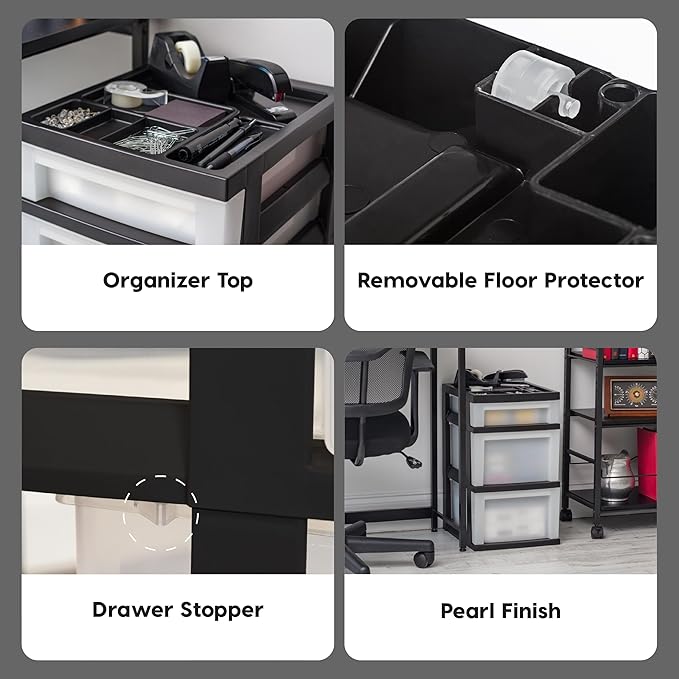 IRIS USA Plastic Drawer Storage Organizer Rolling Cart, 3-Drawers, for Classroom Art Craft Supplies Dresser Closet Bathroom Laundry Room, Black/Pearl