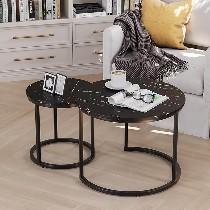 Smuxee Black Nesting Coffee Table Set of 2, 23.6" Round Coffee Table Wood Grain Top with Adjustable Non-Slip Feet, Industrial End Table Side Tables for Living Room Bedroom Balcony Yard
