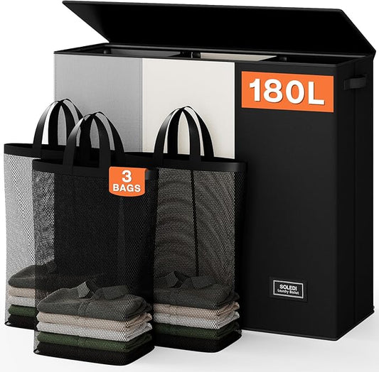 SOLEDI Laundry Hamper 3 Section with Lid and 3 Pcs Laundry Bag, Large Hamper 3 Compartment 180L, Basket Sorter for Bedroom Blanket Storage-NeatNest