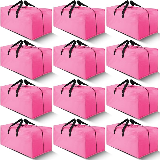 Cosy Family 12 Pack Heavy Duty Extra Large Moving Bags with Backpack Straps - Strong Handles & Zippers, Storage Totes For Space Saving, Fold Flat, Alternative to Moving Box, Pink-NeatNest