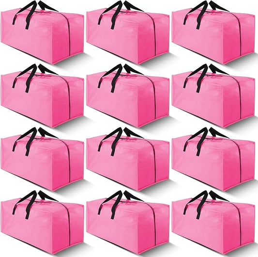 Cosy Family 12 Pack Heavy Duty Extra Large Moving Bags with Backpack Straps - Strong Handles & Zippers, Storage Totes For Space Saving, Fold Flat, Alternative to Moving Box, Pink-NeatNest