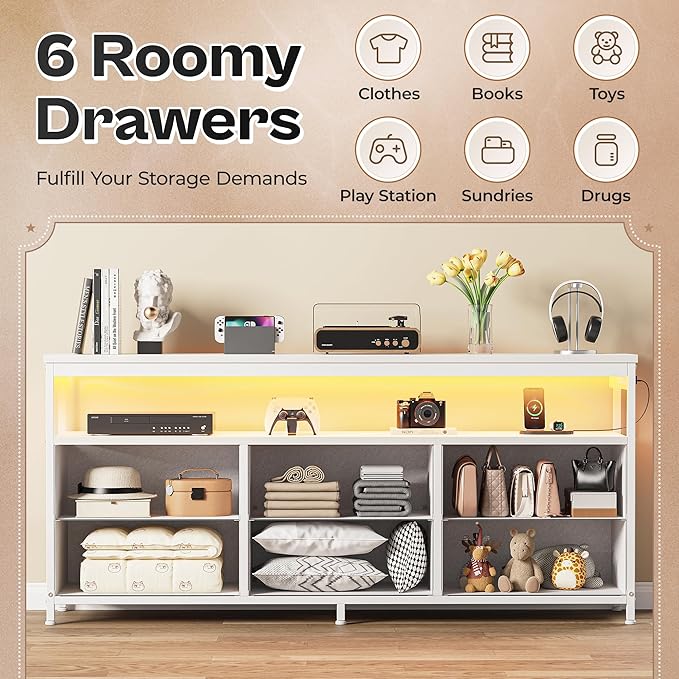 Huuger LED TV Stand for Bedroom, 55 Inch Fabric Dresser with Power Outlets, Entertainment Center for 60, 55, 50 Inch TV, 6 Drawer Dresser for Bedroom, Chest of Drawers with Shlef, PU Leather, White-NeatNest