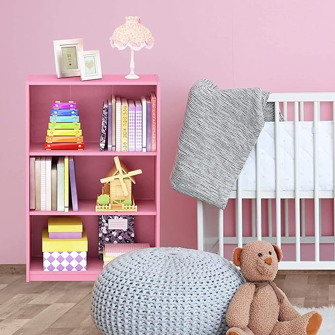 FURINNO JAYA Simple Home 3-Tier Adjustable Shelf Bookcase, Pink
