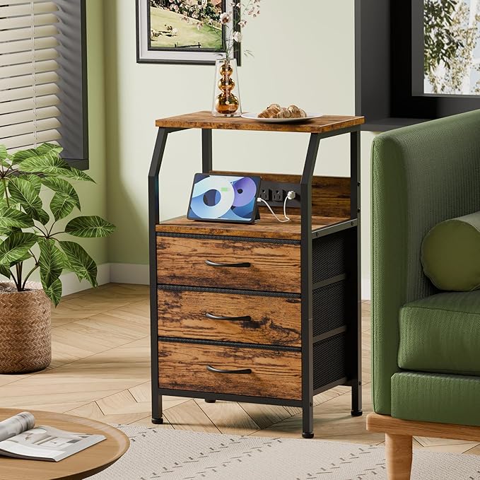 Furnulem Night Stand with Charging Station, USB Ports and Outlets, 28.3 Inch Tall Bedside Table with Wood Shelf, 3 Fabric Drawers Side Table for Bedroom, 3 Ways to Use, Rustic Brown