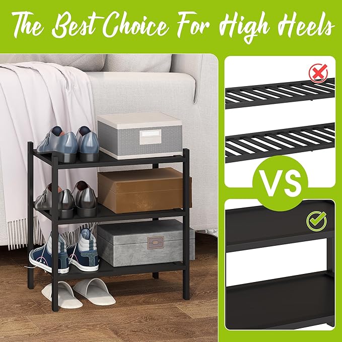 BMOSU 3-Tier Bamboo Small Shoe Rack Premium Stackable Shoe Shelf Storage Organizer for Hallway Closet Living Room Entryway Organizer(Black)-NeatNest