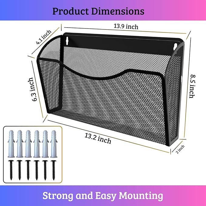 3 Single Pocket Mesh Wall File Organizer, Metal Vertical Wall Mounted Magazine Mail Paper Document Folder Holder for Office Home School, Black