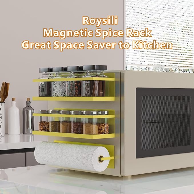 Magnetic Spice Rack For Refrigerator Magnetic Fridge Shelf For Kitchen Spice Organizer Magnetic Shelf For Fridge Space Saving Yellow 4 Pack With Magnetic Paper Towel Holder