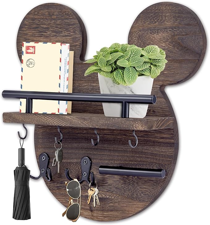 AIRPOP Disn Key Holder for Wall–Mouse Wooden Mail Organizer Wall Mount with Shelf and 6 Hooks, Easy Installation Key Rack Hanger for Entryway Living Room Home Decor (Brown)