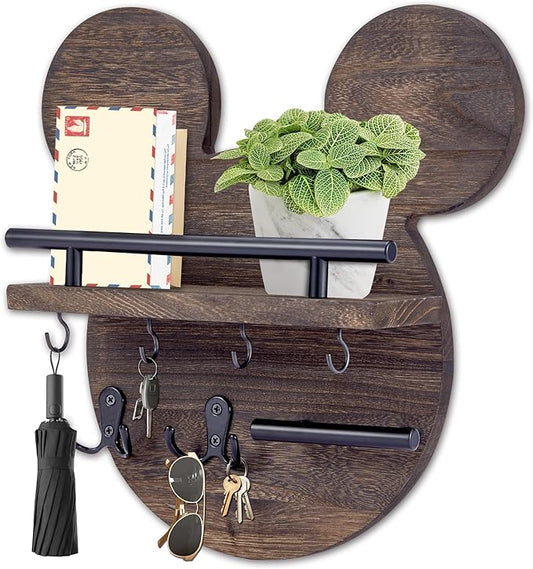 AIRPOP Disn Key Holder for Wall–Mouse Wooden Mail Organizer Wall Mount with Shelf and 6 Hooks, Easy Installation Key Rack Hanger for Entryway Living Room Home Decor (Brown)