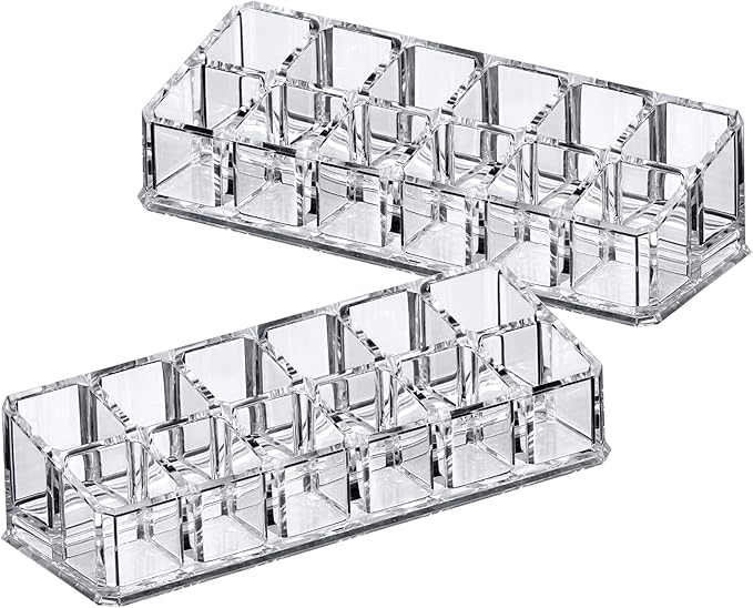 Amazing Abby - Glamour - 2-Pack 12-Slot Acrylic Lipstick Organizer, Lipstick Holder, Lip Gloss Holder, Cosmetic Storage Display, Perfect Storage Solution for Drawer and Vanity (Slot Size: 0.9" x 0.9")-NeatNest
