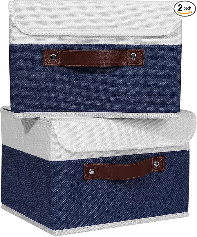ANMINY 2PCS Storage Boxes with Lid Washable Decorative Storage Bin Basket with PU Leather Handle Foldable Linen Fabric Storage Cube Container for Home Closet Organizer - Deep Blue White, Small Size-NeatNest