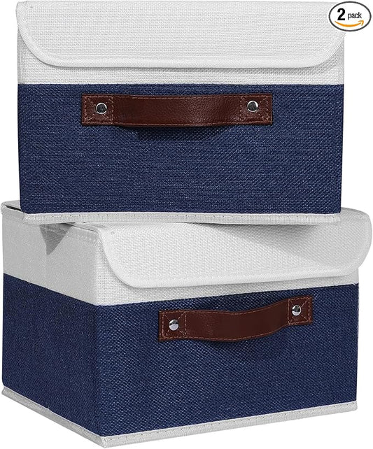 ANMINY 2PCS Storage Boxes with Lid Washable Decorative Storage Bin Basket with PU Leather Handle Foldable Linen Fabric Storage Cube Container for Home Closet Organizer - Deep Blue White, Small Size-NeatNest