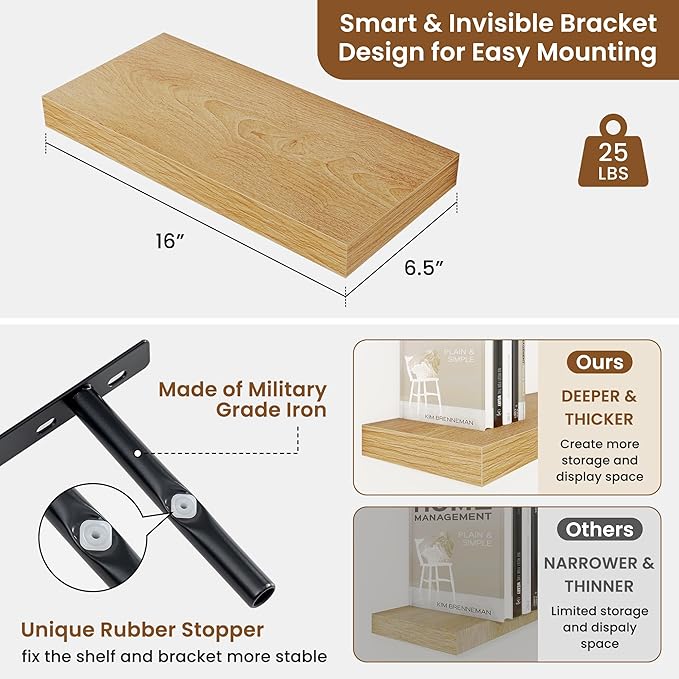 fuqing Floating Shelves for Wall, Bathroom Shelf Wall Mounted for Storage, Shelves with Invisible Bracket for Bedroom, Kitchen, Living Room, Farmhouse Small Book Shelf, 16 Inch Set of 2, Oak-NeatNest