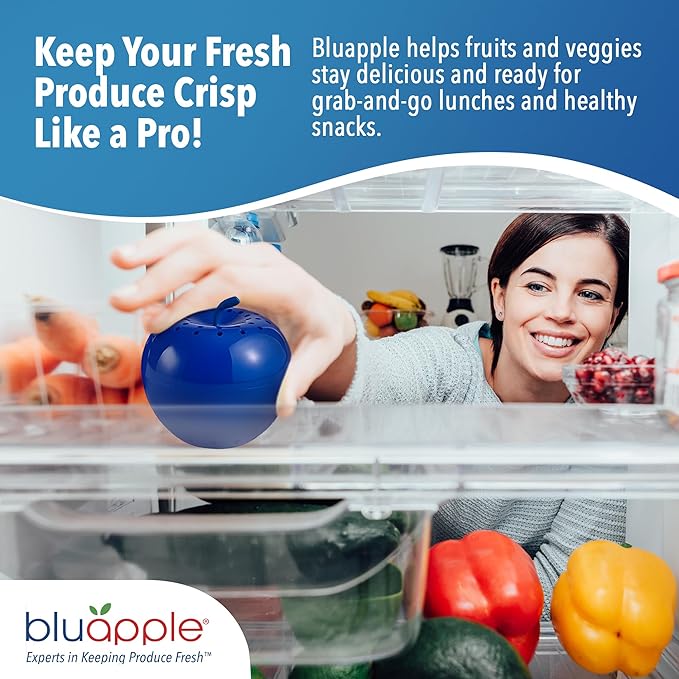 Bluapple Ethylene Gas Absorber Produce Saver Combo Pack - Keeps Fruits & Veggies Fresh in Refrigerator, Lasts up to 3 Months, 8 Packets and 2 Bluapples for 1 Year, Produce Storage, BPA Free, USA Made-NeatNest