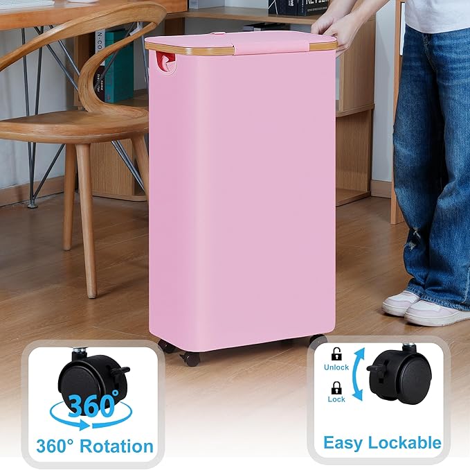 efluky Slim Laundry Basket with Wheels, Narrow Rolling Laundry Hamper with Lid and Removable Bag, Tall Aesthetic Dirty Clothes Hamper on Wheels for Laundry Room, Bedroom, Dorm and Bathroom, 75L Pink-NeatNest