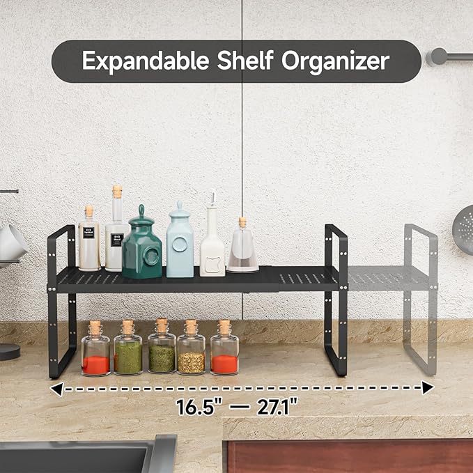 16.5-27’’L Expandable Stackable Cabinet Shelves, Adjustable Spice Rack Cabinet Shelf Organizer for Kitchen, Countertop, Pantry and Cupboard, Black-NeatNest