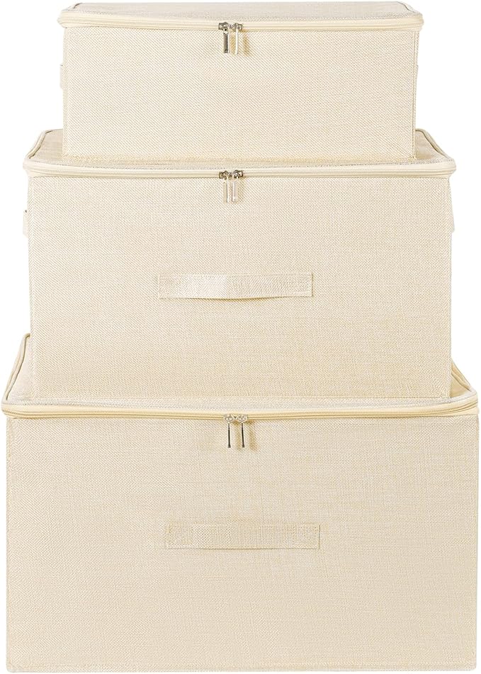 ANMINY 3PCS Storage Bins with Zipper Lids 13 Qt Lidded Fabric Storage Boxes Baskets Cubes with Handles Collapsible Washable Cotton Linen Closet Shelf Clothes Organizer Containers - Beige, Small-NeatNest