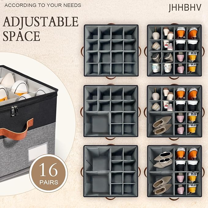 2 Pack Shoe Organizer for Closet, Adjustable Shoe Box Storage Containers, Large Foldable Shoe Bins with Clear Cover, Space Saving Shoes Holder with 4 Handles, Fits 16-32 Pairs, Black-NeatNest
