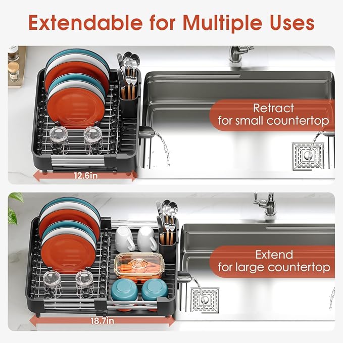 Dish Drying Rack for Kitchen Counter, Extendable Dish Rack with Drainboard, Expandable Dish Drainer, Collapsible Dish Strainer with Cutlery Holder, Foldable Home Countertop Plate Storage Rack, Black