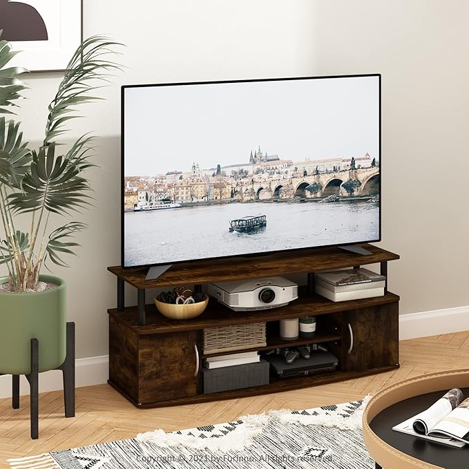 Furinno Jaya Entertainment Center Stand Unit/TV Desk for up to 55 inch, Amber Pine/Black-NeatNest