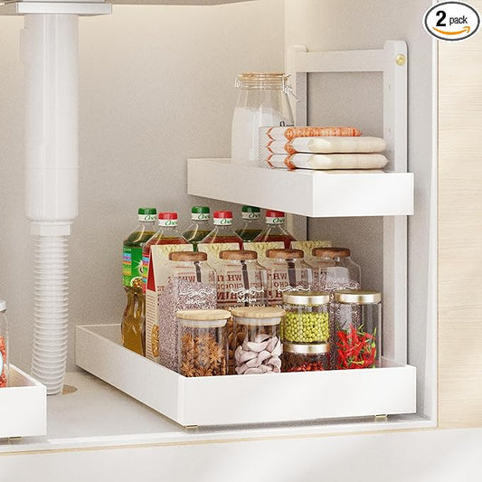Bamboo Under Sink Organizer and Storage, 2 Tier Pull Out Cabinet Organizer, Slide Out Under Sink Storage Shelf, Undersink Organizers Shelves for Kitchen Bathroom Organization (White, 1 Pack)-NeatNest