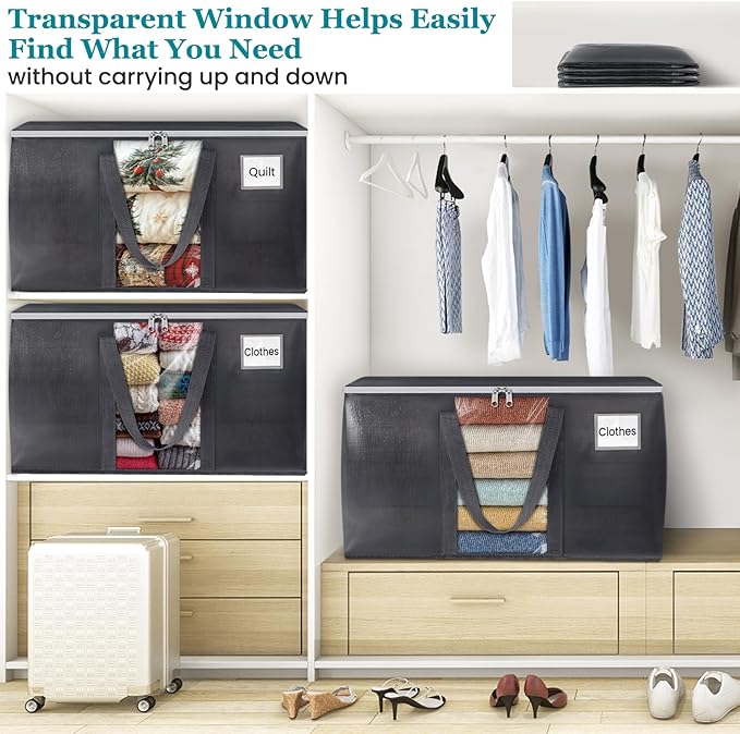 HomeHacks Extra Large Moving Bags with Visible PVC Window, Lightweight but Durable Storage Bags with Reinforced Handles, Storage Totes for Packing, Moving, Storage (93L, 6-Pack)
