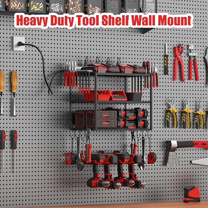 JUNNUJ Tool Organizer with Charging Station, 4 Layers Wall Mount Garage Tools Storage with 8 Outlets Power Strip, 4 Drills Holder Battery Heavy Duty Metal Shelf, Utility Rack with Hooks, Black