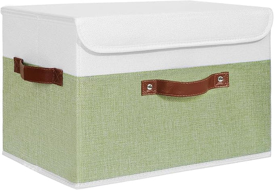 ANMINY Storage Boxes with Lids Washable Decorative Storage Bins Basket with PU Leather Handle Foldable Linen Fabric Storage Cubes Containers for Home Closet Organizer - Green White, Large Size-NeatNest