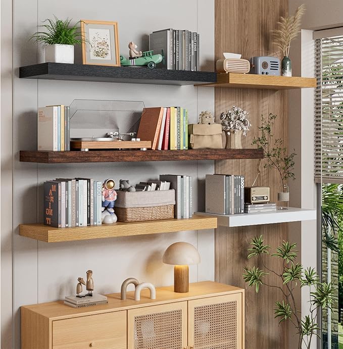 Heimlove 12" Deep Floating Shelves for Wall, 24 Inch Wall Shelf Bathroom Shelves Set of 2, Wall Mounted Shelves for Books Living Room Laundry Room Bedroom Kitchen Home Office, Oak-NeatNest