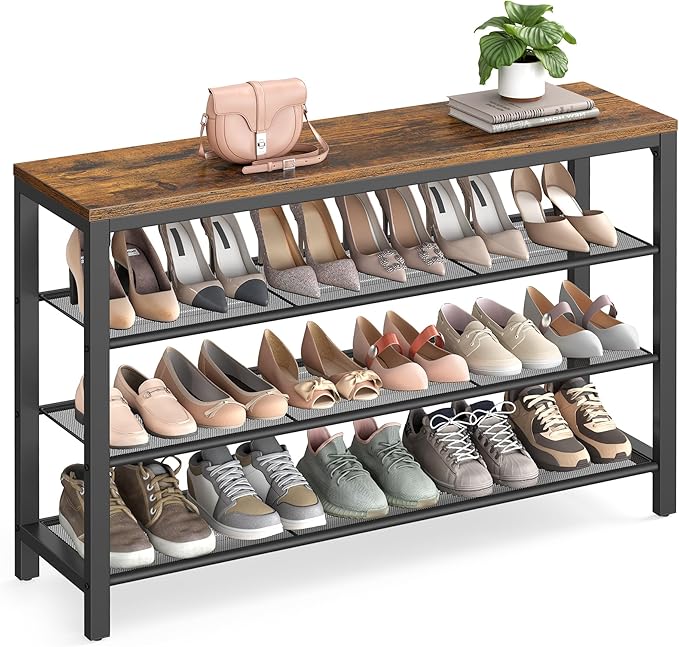 VASAGLE 4 Tier Shoe Rack, Shoe Organizer for Closet, Entryway, 16-20 Pairs of Shoes, Large Shoe Rack Organizer with 3 Metal Mesh Shelves, 11.8 x 39.4 x 28.3 Inches, Rustic Brown and Black ULBS14BX-NeatNest