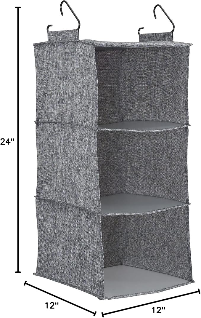 Household Essentials 3 Shelf Hanging Closet Organizer, Hanging Shelf with Hooks, Poly Linen and PEVA Shelving-NeatNest
