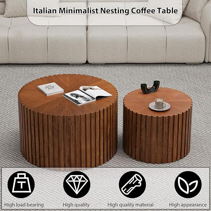 Round Nesting Coffee Table Set of 2 Circle Nested Coffee Tables Modern Fluted Coffee Table Set of 2 Wooden Drum End Side Tables for Living Room Bedroom Small Spaces (Brown Small)
