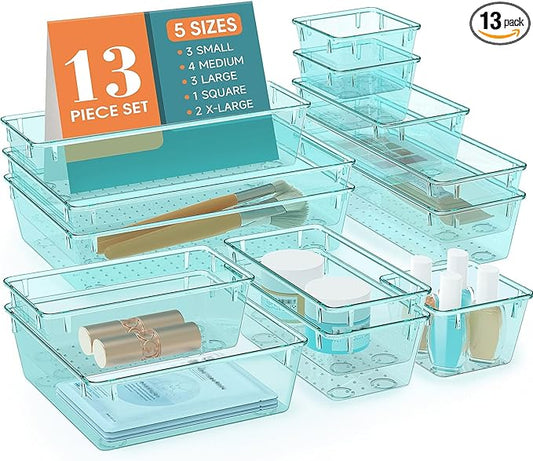 13 PCS Drawer Organizer Set, 5 Varied Size Bathroom and kitchen Drawer cabinet organizer Trays, Clear Storage Bins for Makeup, Jewelry, Utensils and Gadgets-NeatNest