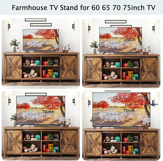 70" Farmhouse TV Stands for 70 75 80inch TV w/Adjustable Shelves,Sliding Barn Door.Wooden Entertainment Center,TV Console Cabinet with Storage for Bedroom Living Room(Brown 70in)-NeatNest