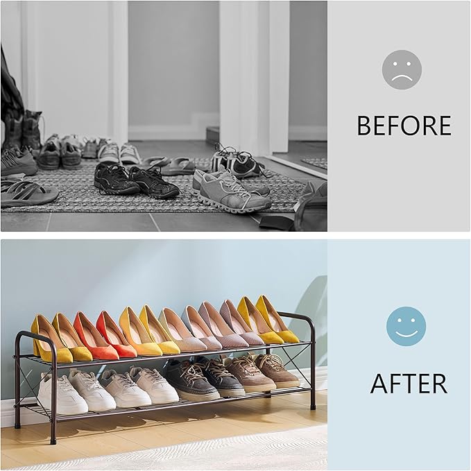 Hoctieon 2 Tier Shoe Rack for Closet, Durable Mesh Style Shoe Rack, Entryway Shoe Shelf, Shoe Storage Organizer for Hallway, Bedroom, Living Room, Wardrobe, Brown-NeatNest