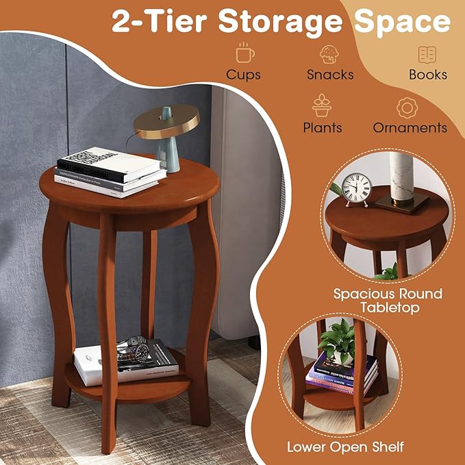 GOFLAME 2-Tier Round End Table, Mid-Century Modern Sofa Side Table with Storage Shelf, Solid Wood Legs, Compact Accent Table, Nightstand for Living Room, Bedroom, Small Space, Walnut