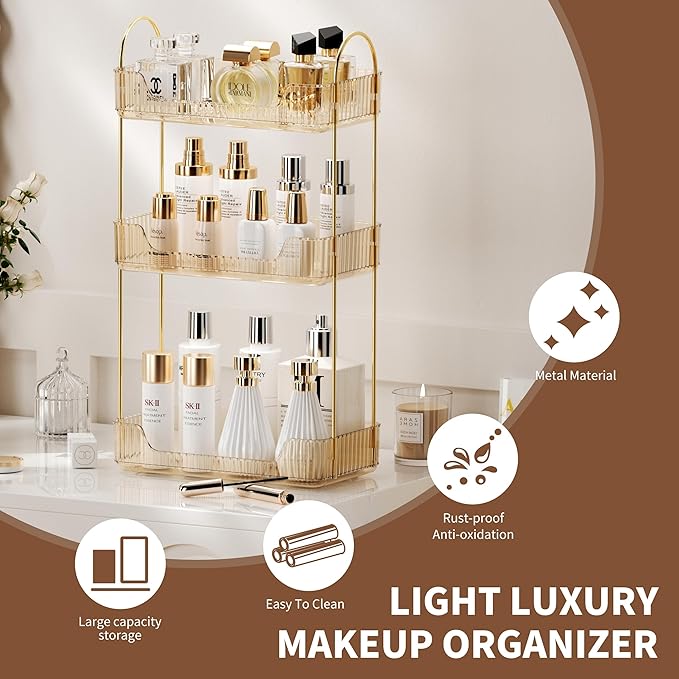 3 Tier Bathroom Organizer Countertop Makeup Perfume Tray Skincare Organizer for Bathroom Dresser Vanity (Gold)-NeatNest
