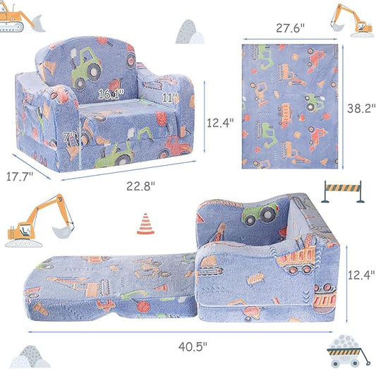 Comfy Toddler Chair and Couch for Kids with Blanket,2-in-1 Soft Plush Fold Out Toddler Couch for Girls and Boys,Convertible Sofa to Lounger for Playroom,Car Excavator-NeatNest