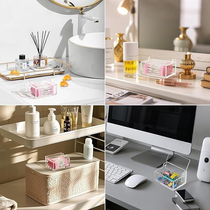 Clear Acrylic Qtip Holder with Lid, Cotton Balls Swab Organizer, 3.9" x 2.8" x 2" Dispenser for Makeup Pad, Floss Picks, Bath Salts, Cosmetic Storage Case, Home Bathroom Decor (DP051)-NeatNest