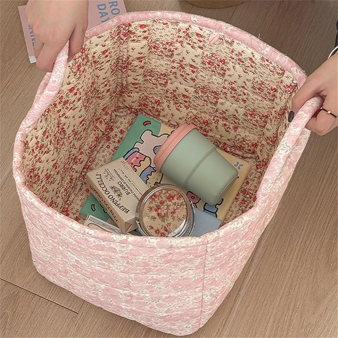 Boho Fabric Storage Basket Quilted Floral Print Baskets Organizer Bin with Handles for Home, Picnic, Shopping (Pink, L)-NeatNest