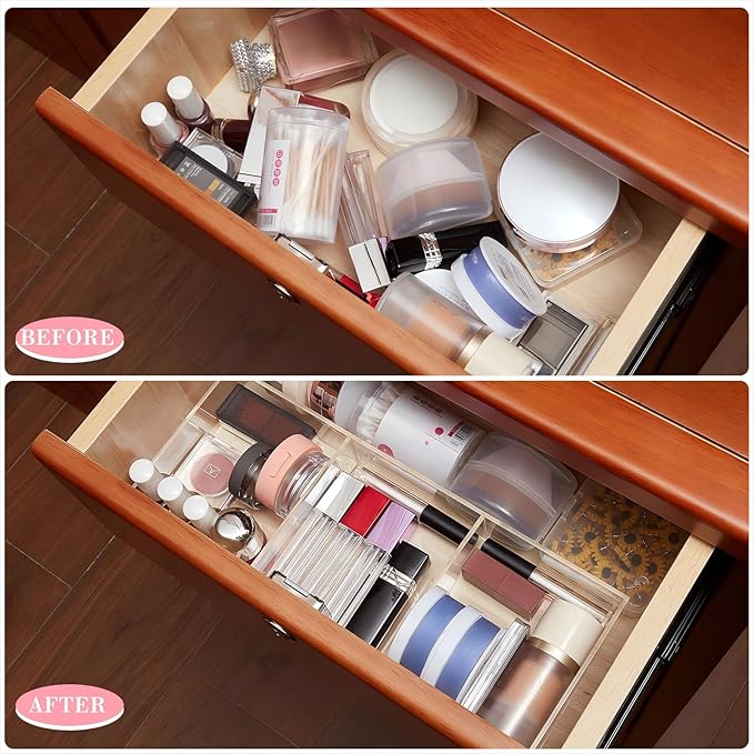 Chunful Clear Drawer Organizer 2 Pieces 6 Section Clear Desk Organizer with Dividers 3 Section Acrylic Makeup Tray Divided Drawer Inserts Sectioned Tray Makeup Storage-NeatNest