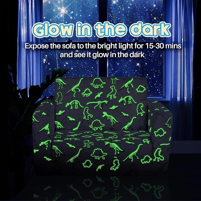 ALIMORDEN 2-in-1 Flip Out Cuddly Sherpa Toddler Couch, Convertible Sofa to Lounger, Glow in The Dark,Dinosaurs-NeatNest