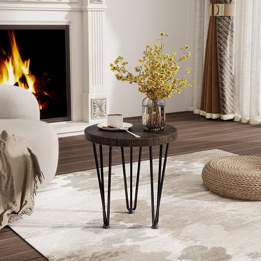 Fun Memories Round Coffee Table - Elm Wood Nesting Table with Metal Legs & Non Slip Feet Base - Rustic Nesting End Tables for Living Room Bedroom - 14" D x 14" W x 16" H - Walnut Color