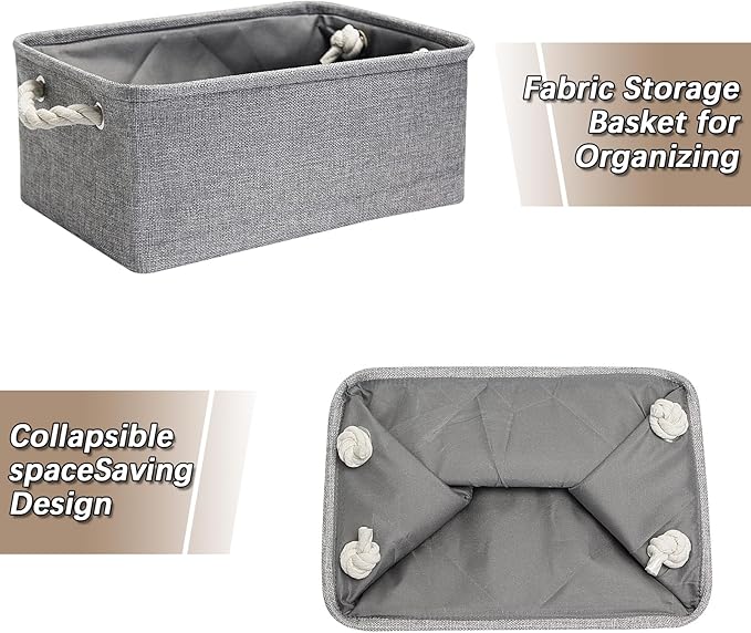 Fabric Storage Bins, 3 Pack Foldable Cube Baskets with Rope Handles, Large Collapsible Storage Cubes for Home, Office, Closet, Clothes, Books Organizer. (Gray, 3PCS/12.2*8.2*5.1inch)-NeatNest